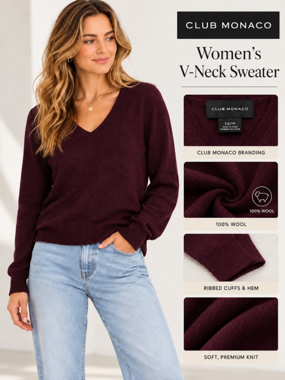 100% Wool Club Monaco Women's V-Neck Sweater Burgandy